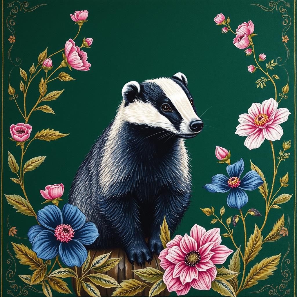 Badger with Flowers in William Morris Tapestry Style
