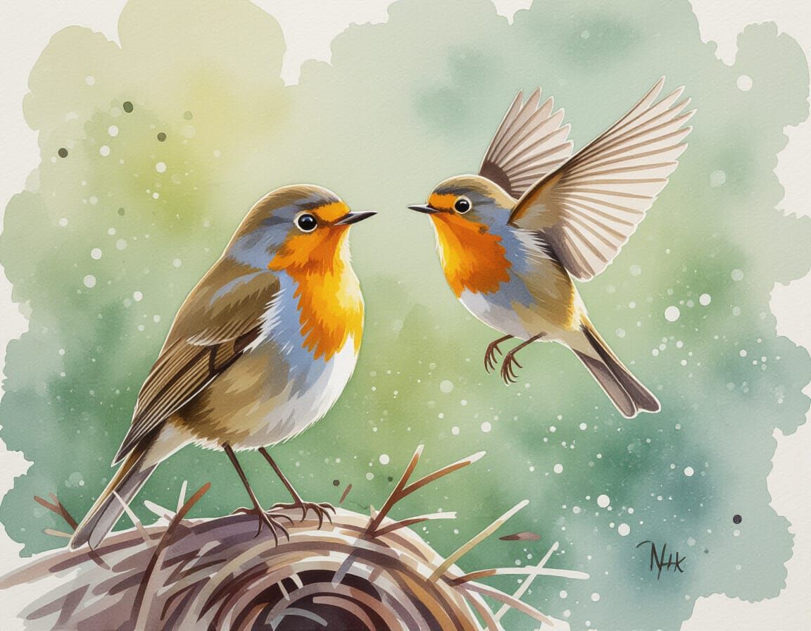Robin and Fledgling in Expressive Watercolor