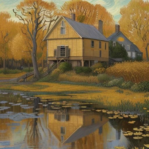 Autumnal House by Pond: Impressionist Landscape