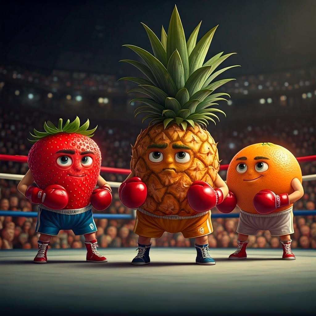 Exuberant Fruit Boxers in Anime-Inspired Boxing Ring