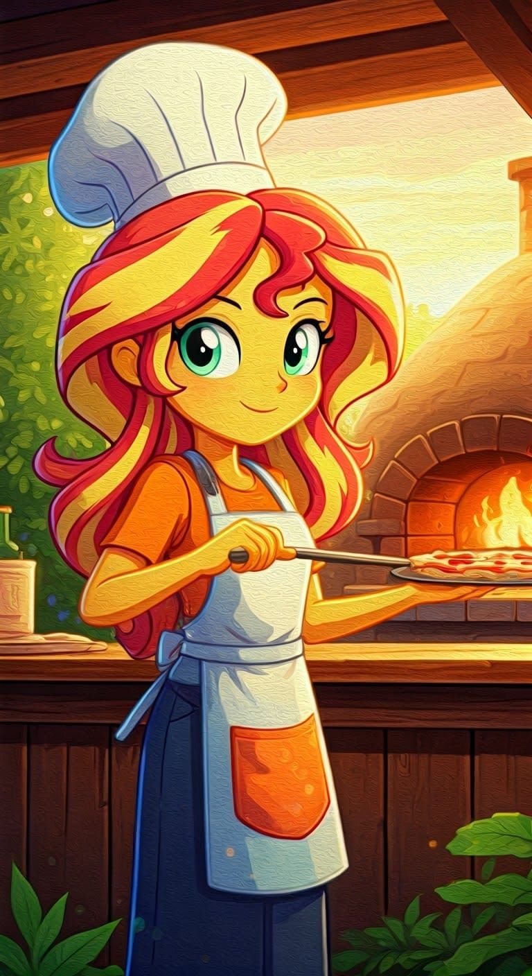 Sunset Shimmer Cooks Pizza: Splash Art Illustration