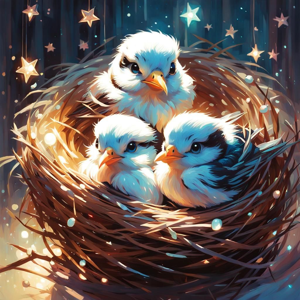 Iridescent Bird Nest with Adorable Baby Birds