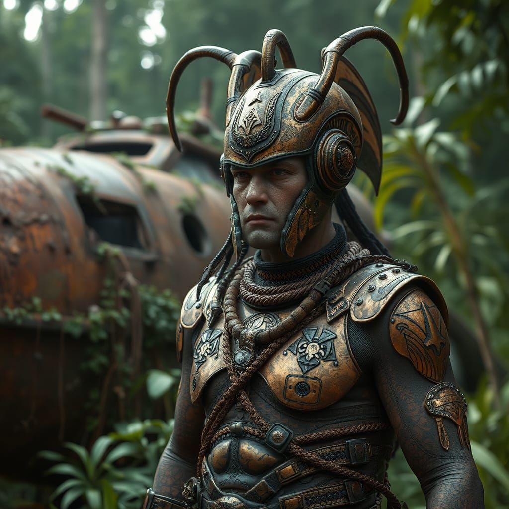 Aztec Man in Cyberpunk Armor Near Ancient Spaceship