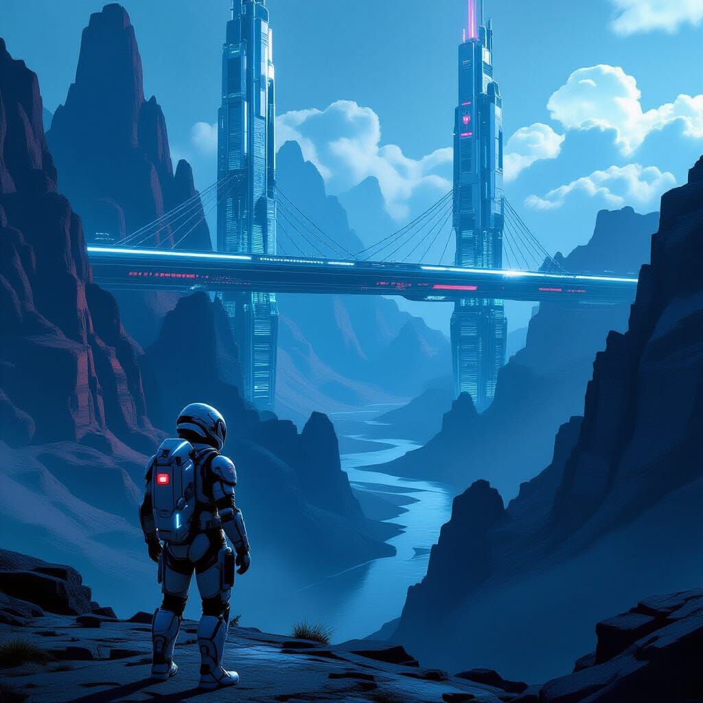 Futuristic Explorer at Alien Canyon with Cyberpunk Bridge