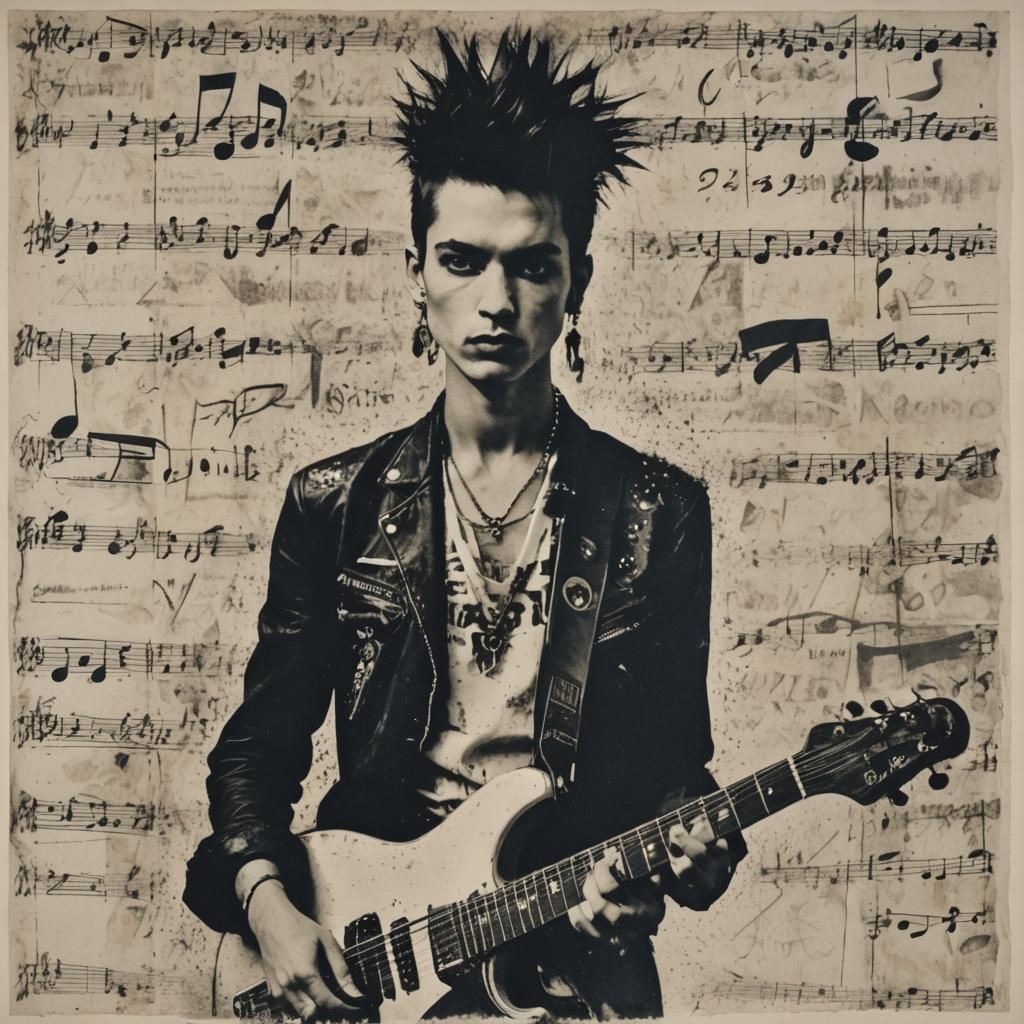 Punk Rock Guitarist Portrait in Aquatint Style