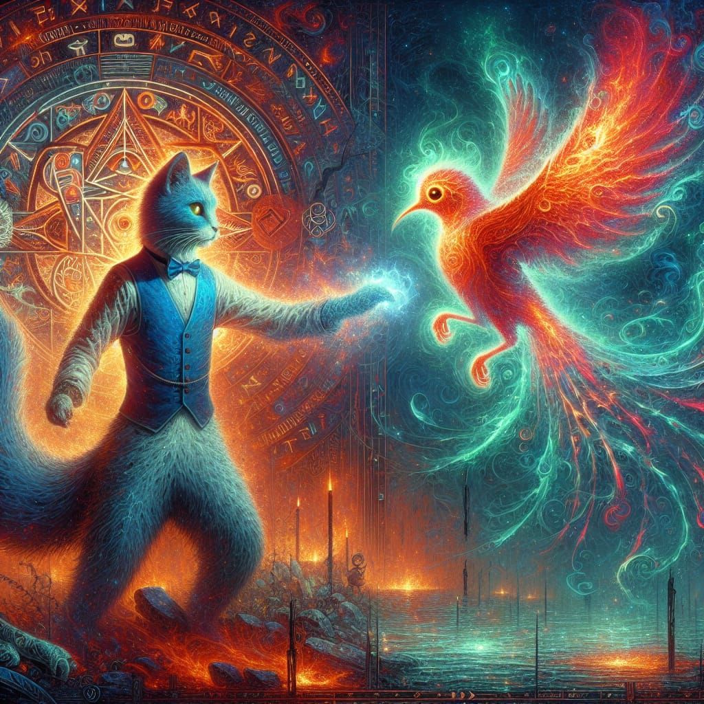 Anthropomorphic cat with his hobby casting a patronus (DALL-...