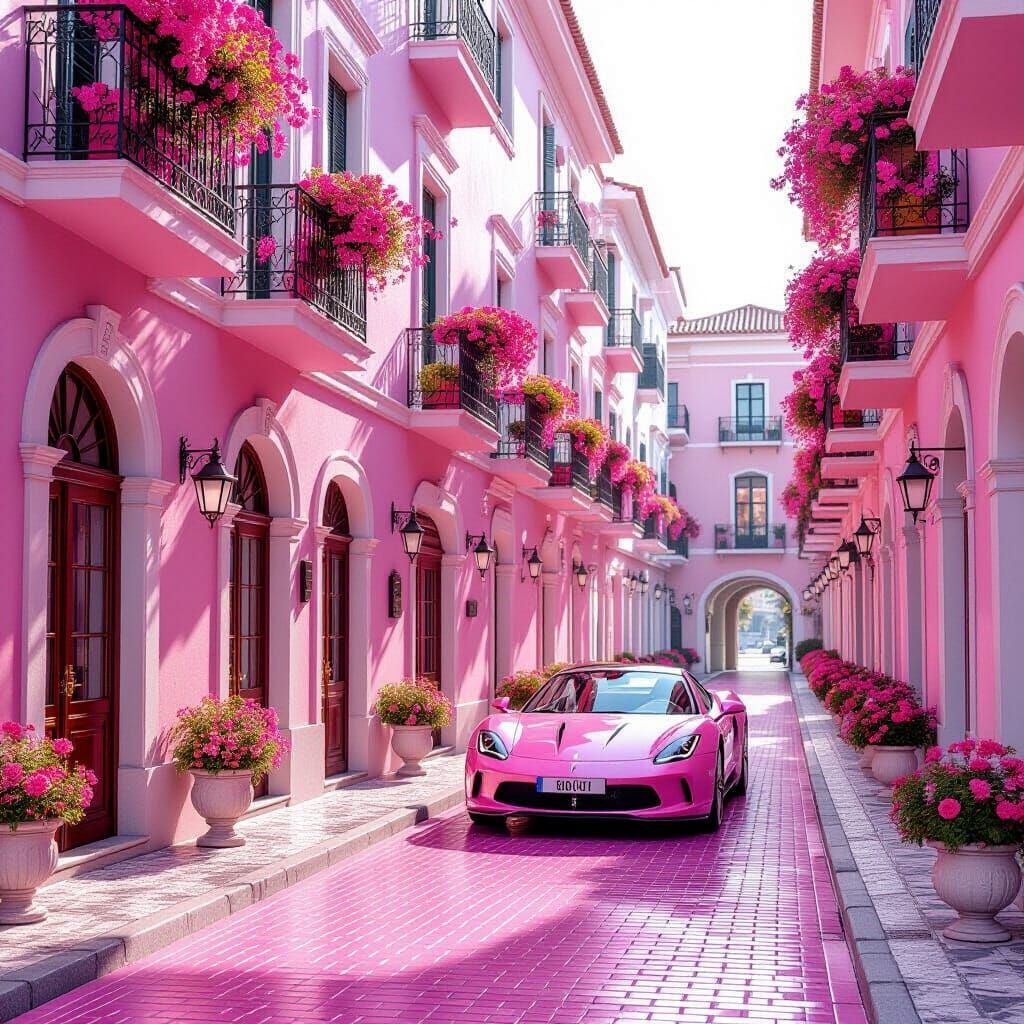 Luxury Pink Street with Flowers and Car