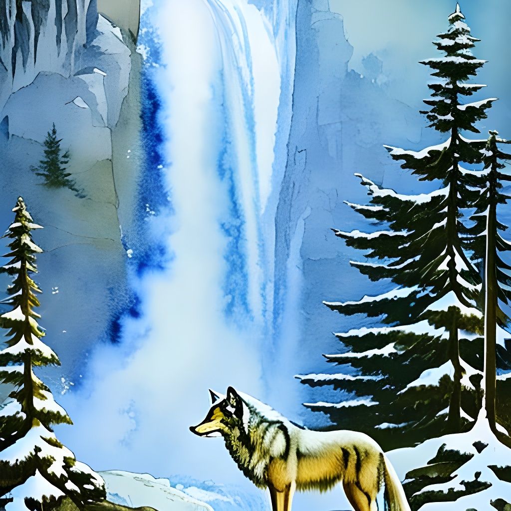 Watercolor Wolf and Wizard at Winter Waterfall