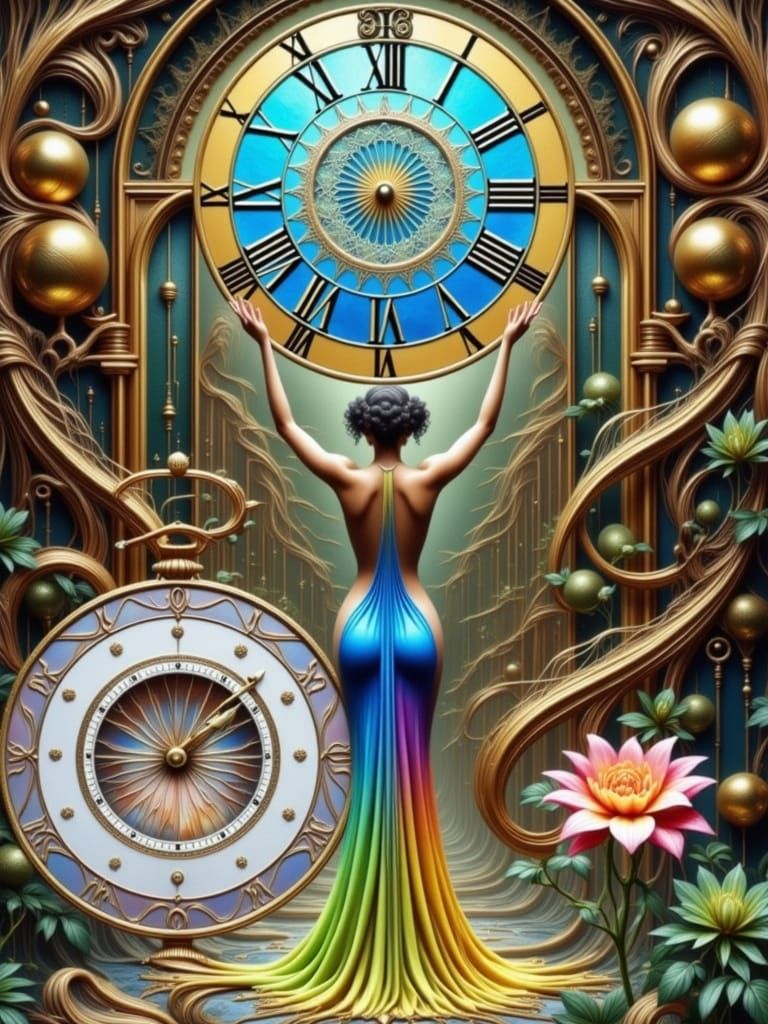 Time Goddess in Clockwork Landscape, Art Nouveau Style