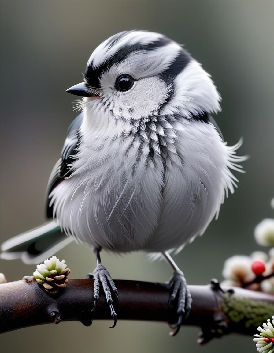 Adorable White Hokkaido Long-Tailed Tit Portrait