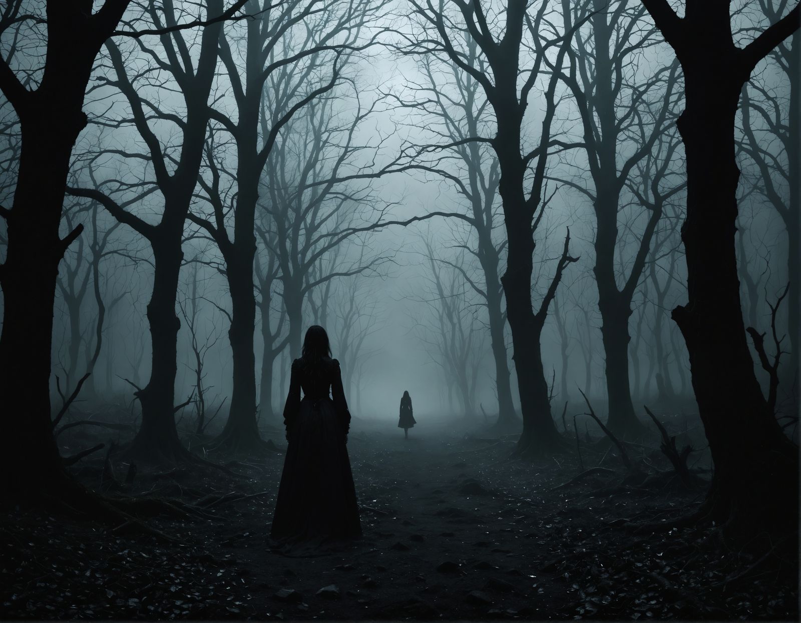 Gothic Girl Lost in a Creepy Dark Landscape