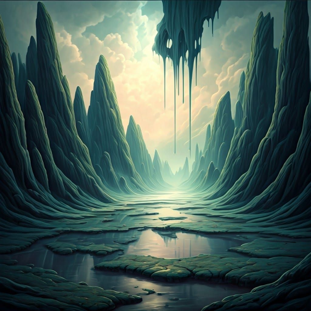 Surreal Landscape Delves into a Vibrant Puddle in Deep, Drea...
