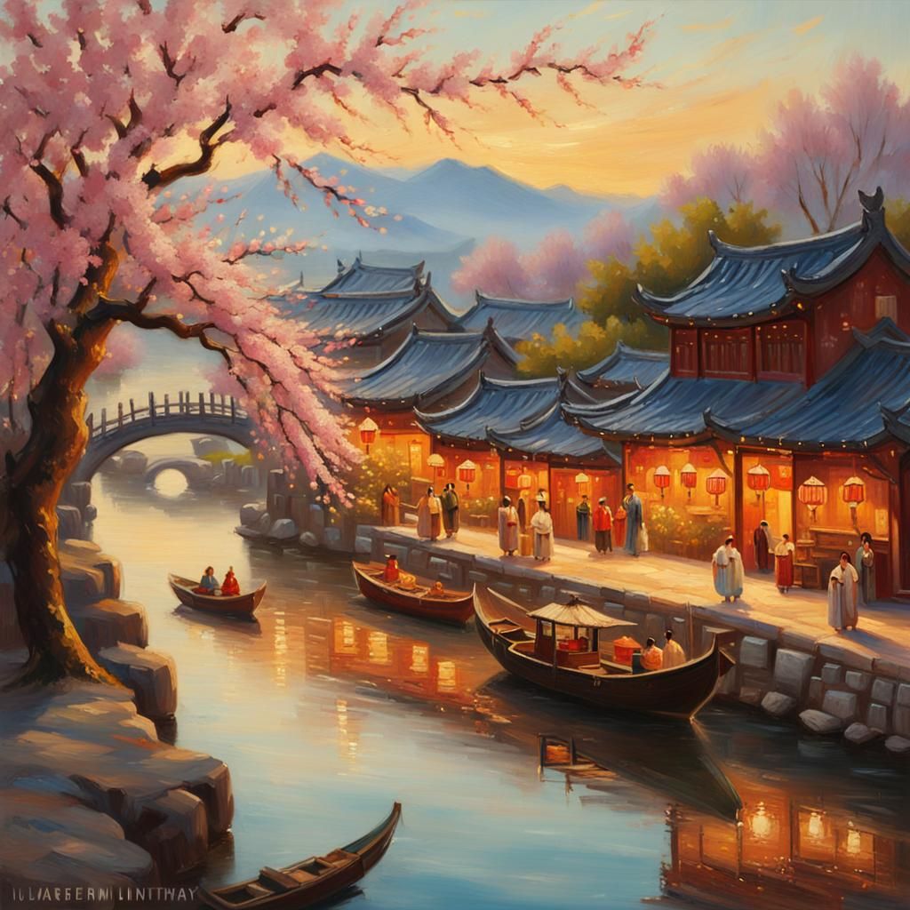 Bustling Chinese Market: Impressionist Oil Painting