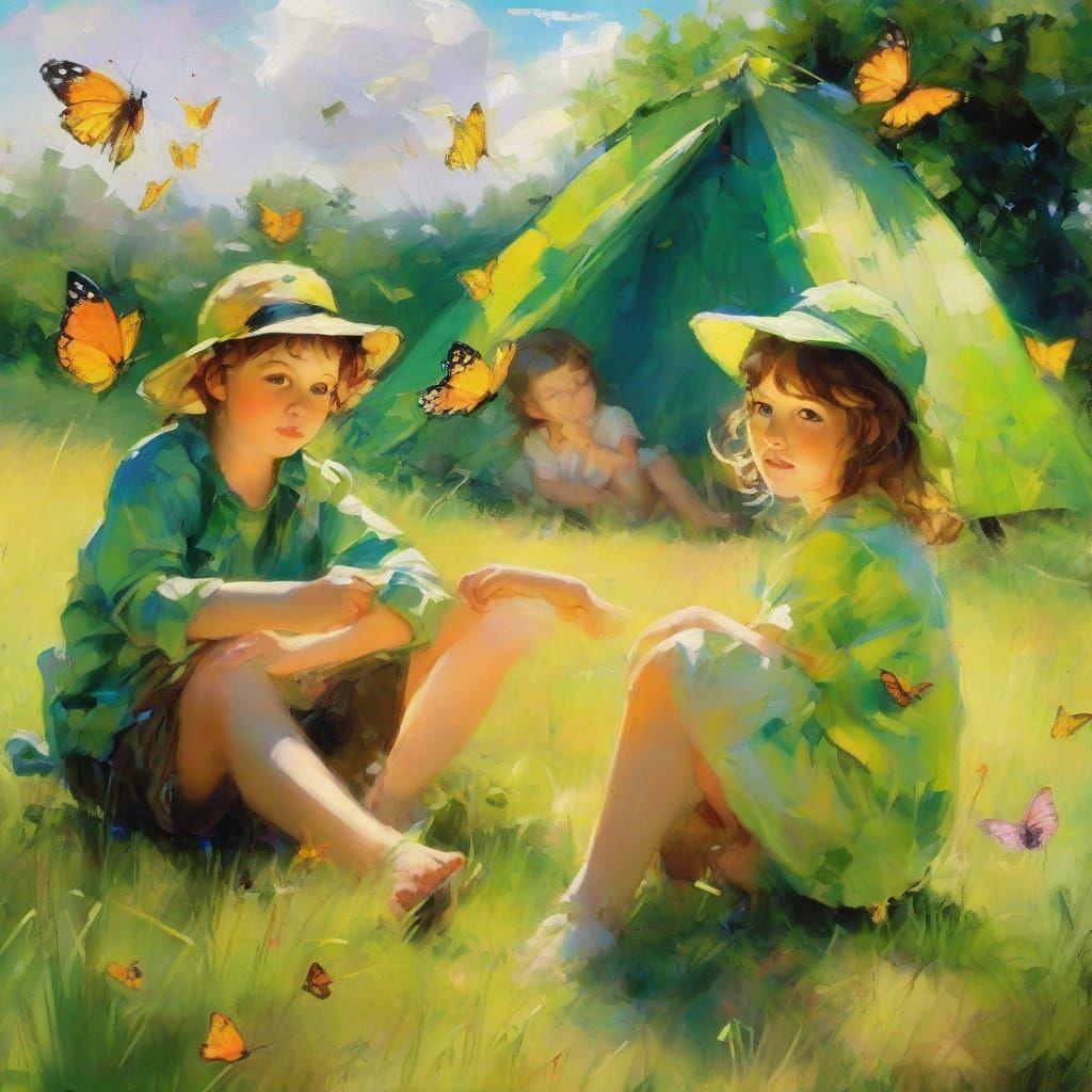 Camping Children in Sunny Meadow: Oil Painting
