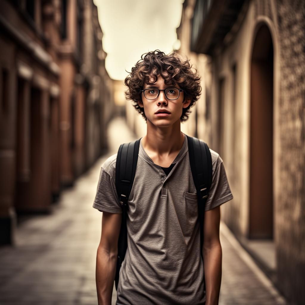 Scared Nerdy Boy with Backpack, Hyperrealistic Image
