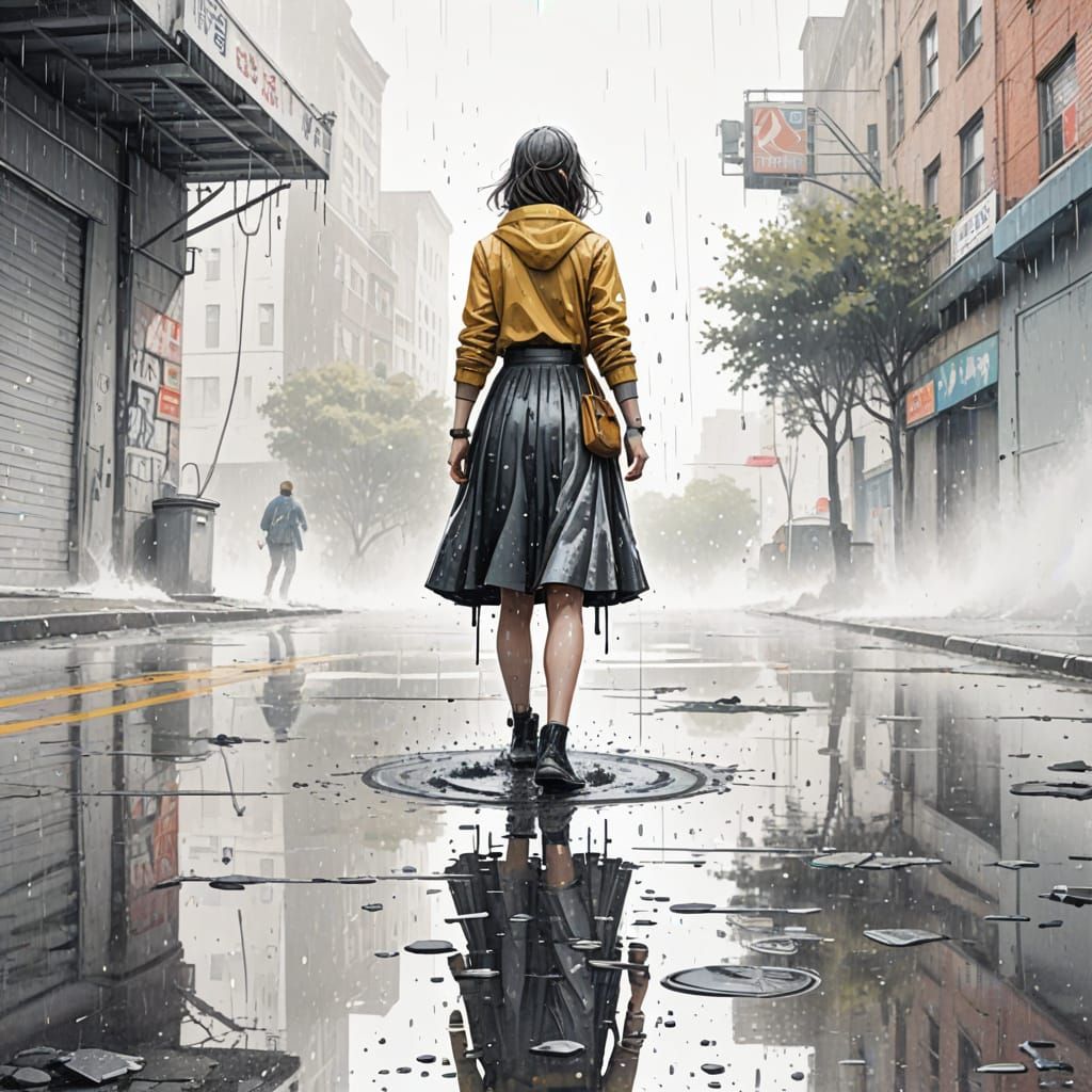 Surreal Monochromatic Study of a Woman in a Rainy Puddle
