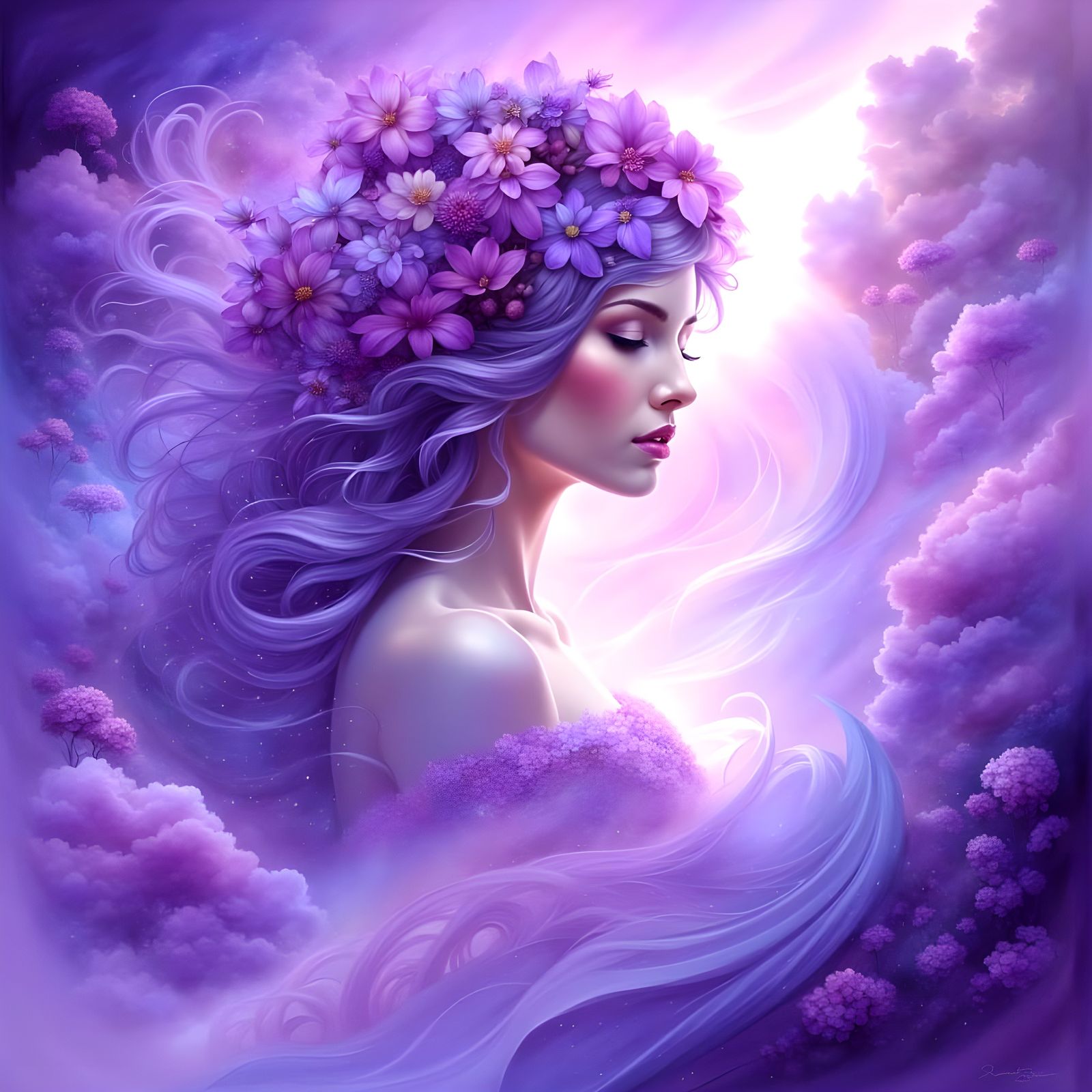 Ethereal Goddess Emerges in Vibrant Purple Realms