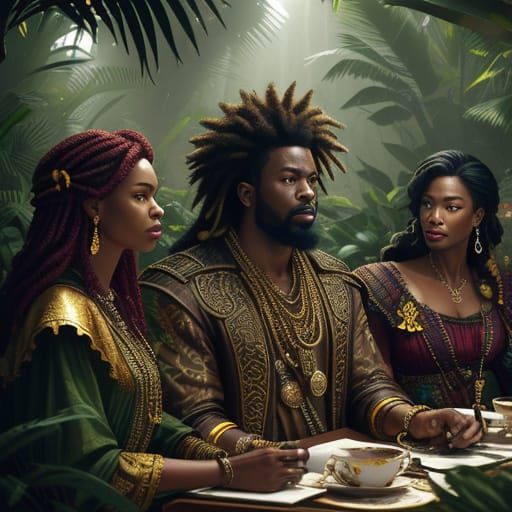 Vibrant Afro Pirates in a Lush Jungle Setting