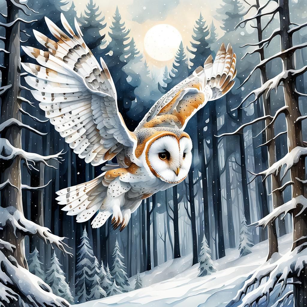 Owl and Snowy Forest in Watercolor Double Exposure