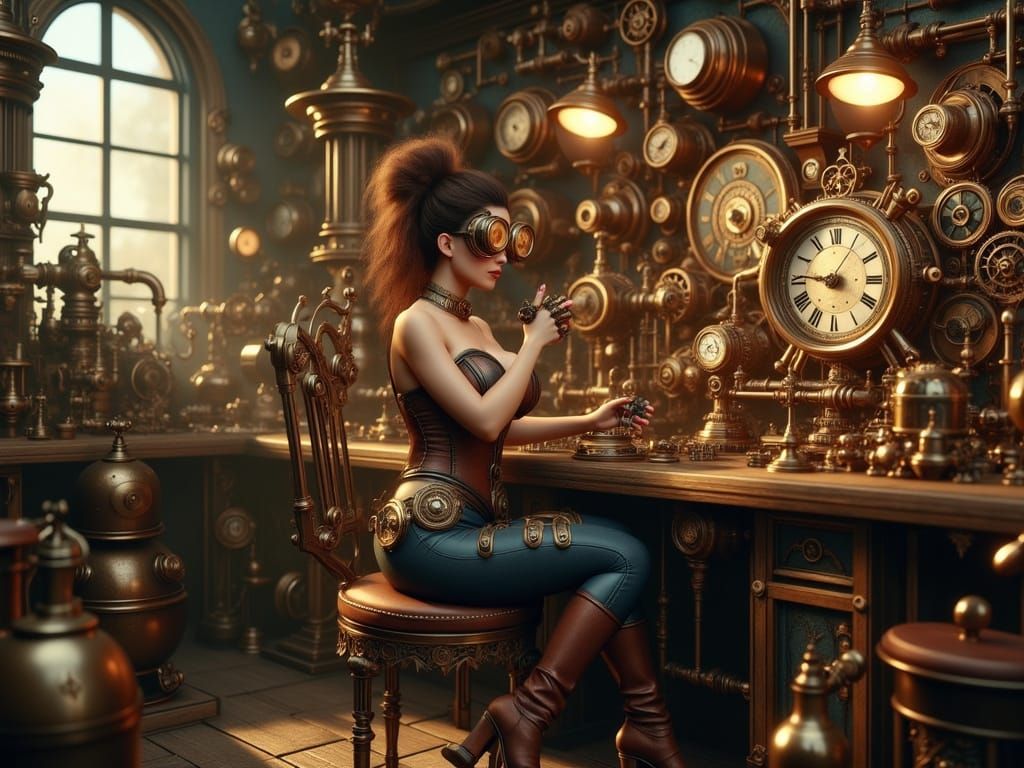 Steampunk Inventor in Industrial Workshop