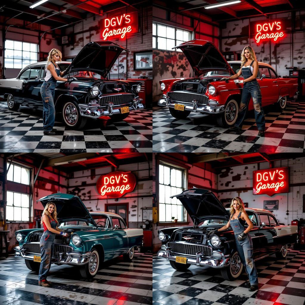 Mechanic Lady Fixing Classic Car in Abandoned Garage