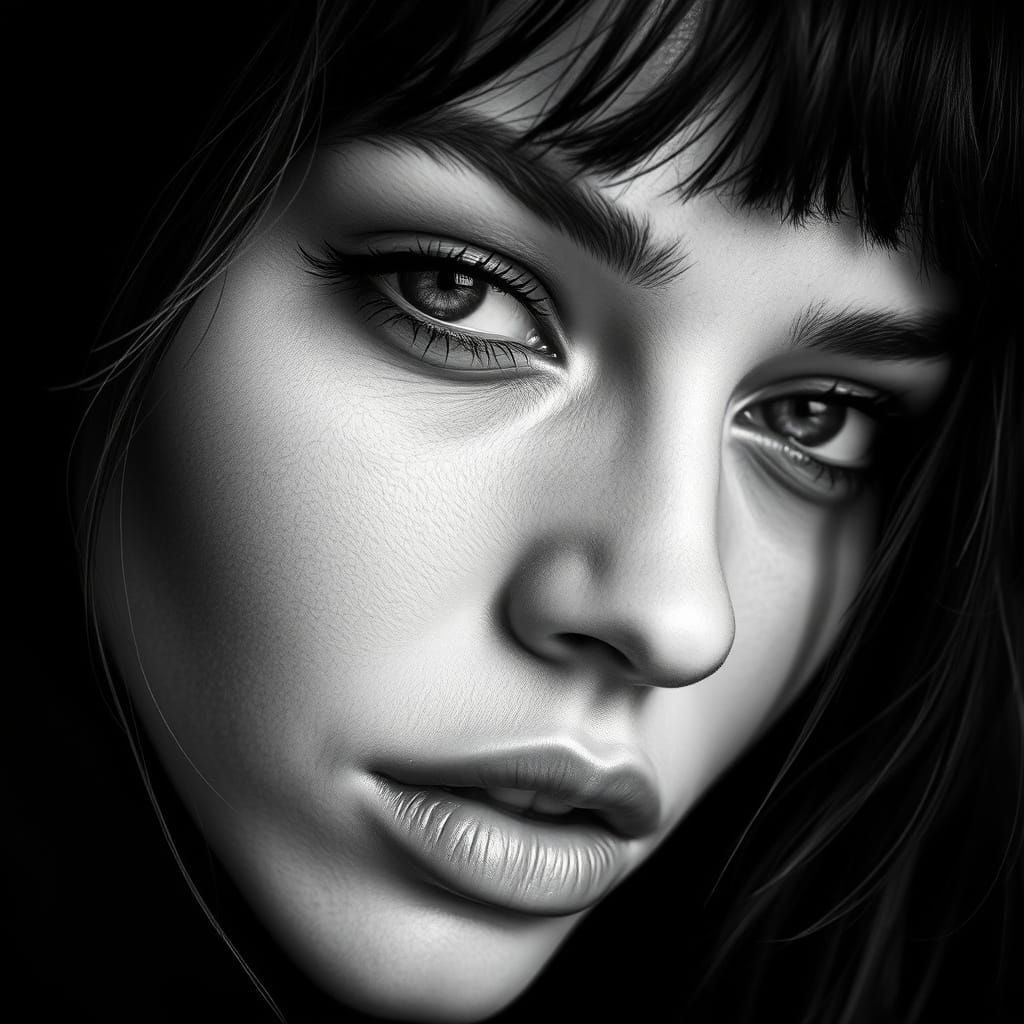 High-Fashion Model's Face Close-up in Black and White
