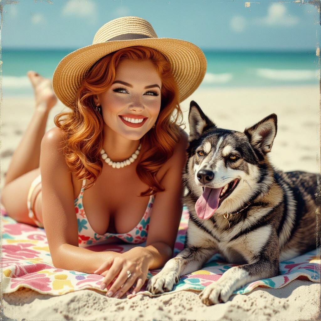 Vintage Polaroid Portrait of Pin-Up Girl on Beach