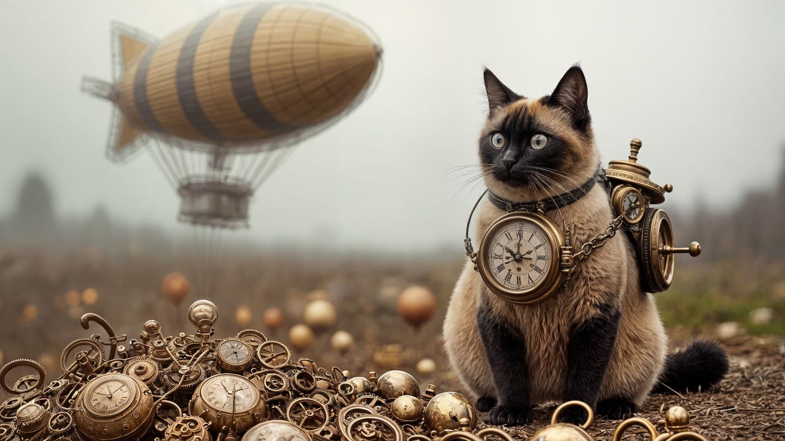 A wide shot of a Siamese cat as a Balloon Pilot who reflects steampunk.