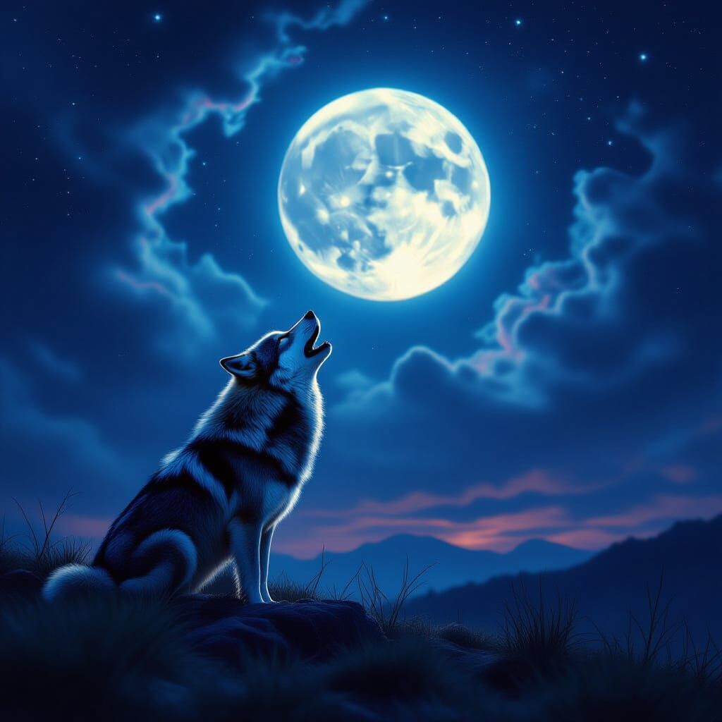 Wolf Howls Under Ethereal Moon Chase Digital Matte Painting