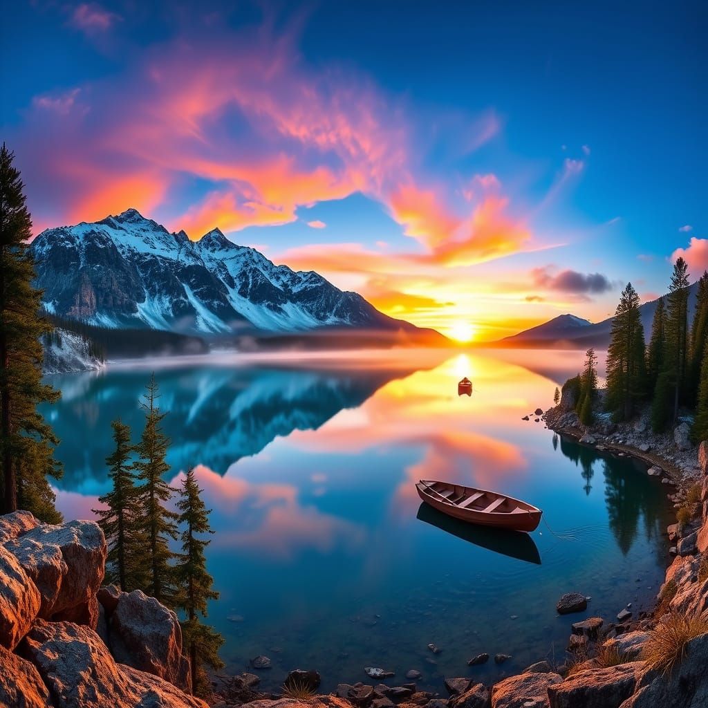 Sunrise Over Pristine Mountain Lake with Rowboat