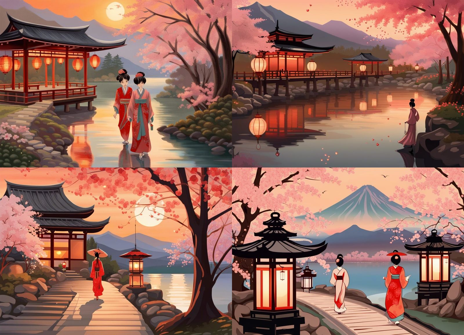 Sunset, Lake Reflections, Mountain Waterfall, cherry & apple blossom trees over lap long walkway with spring time flower...