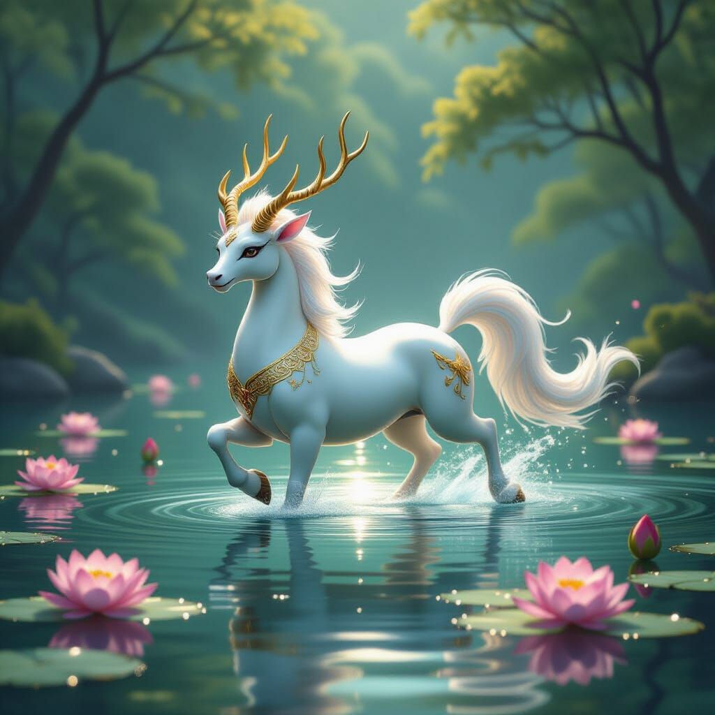 Radiant Qilin on Lotus Lake: A Symbol of Harmony