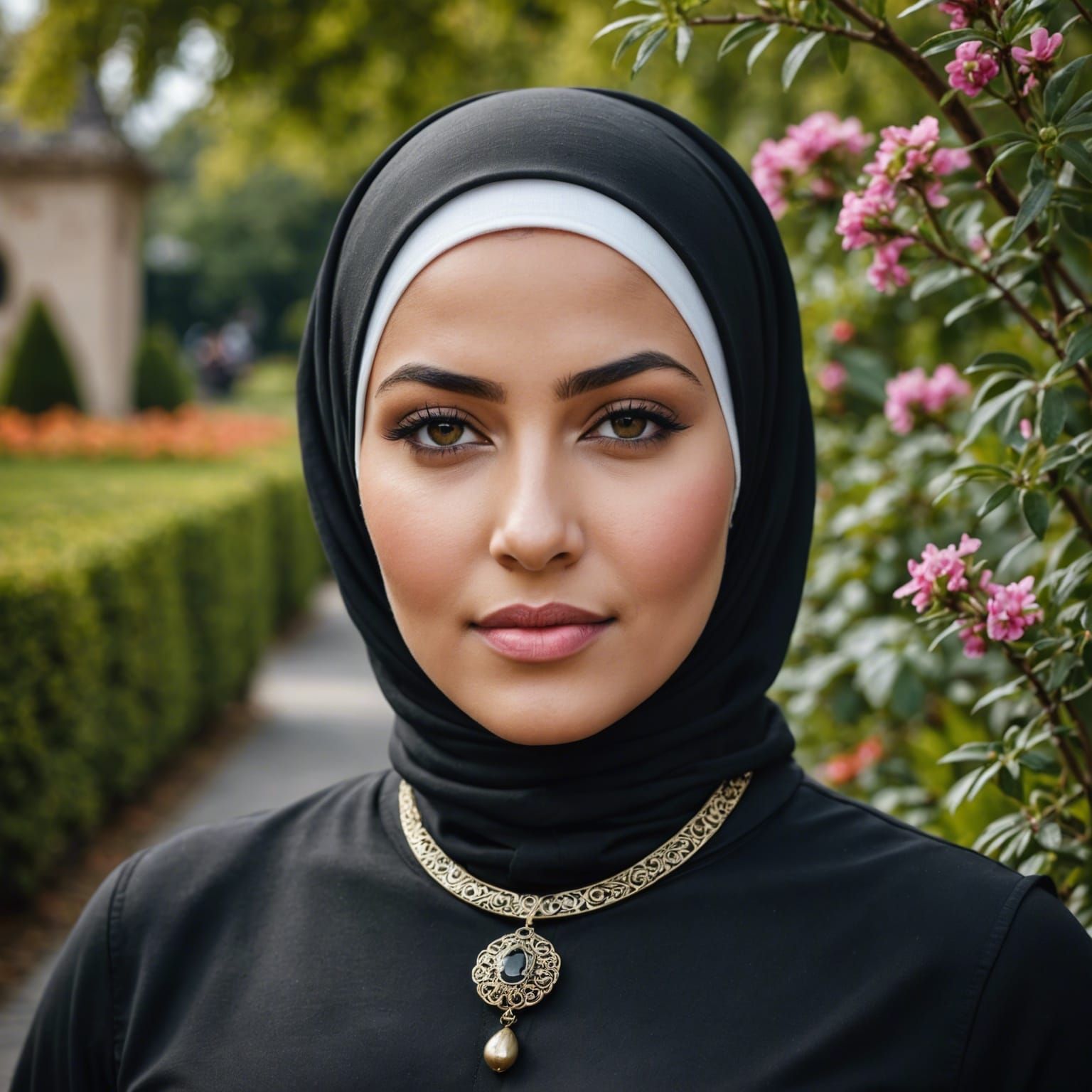 European Hijabi Woman Portrait in Garden Setting