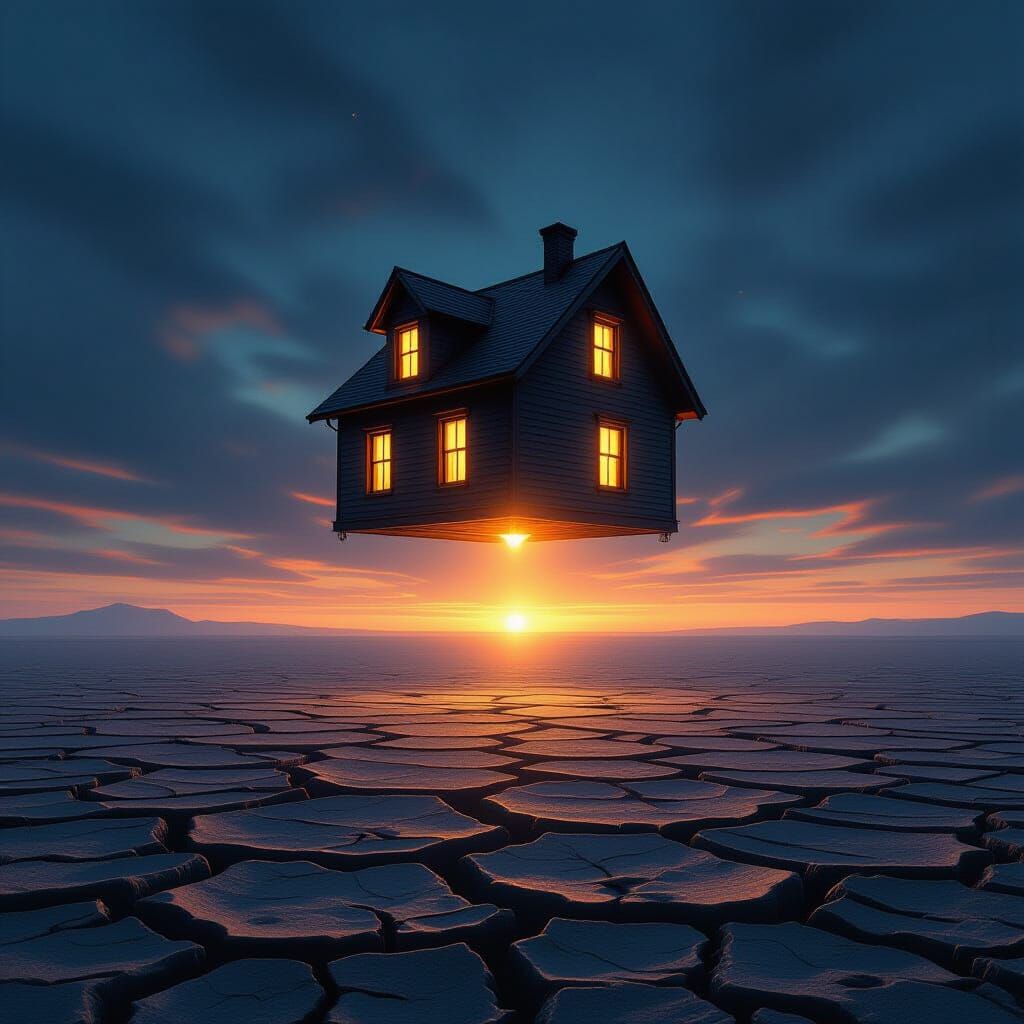 Ethereal Floating House Above Scorched Earth in Hyper-Realis...