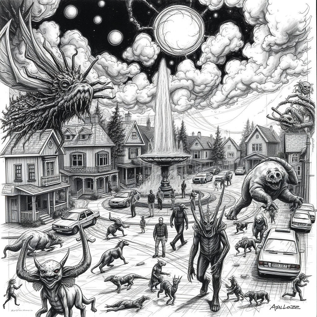 Chaotic Fantasy World Charcoal Sketch