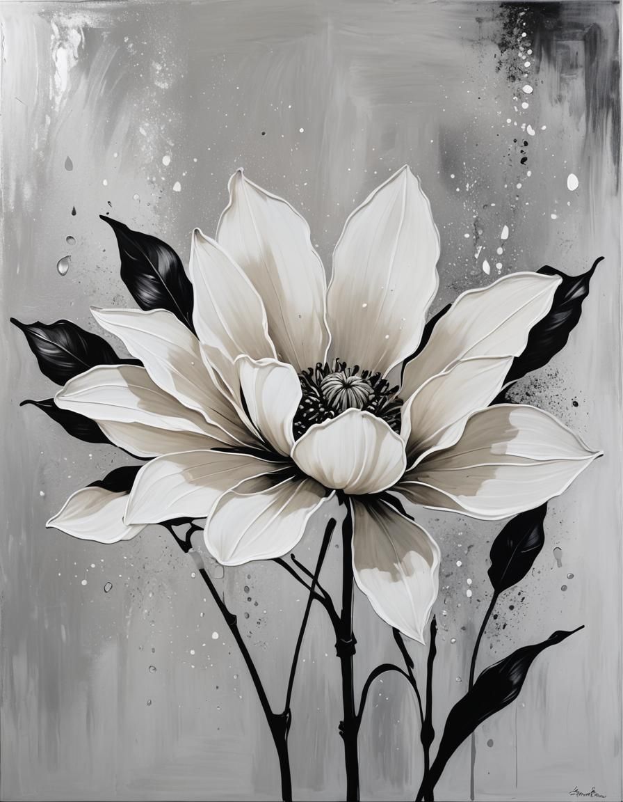 Minimalist White Flower Painting with Black Outlines