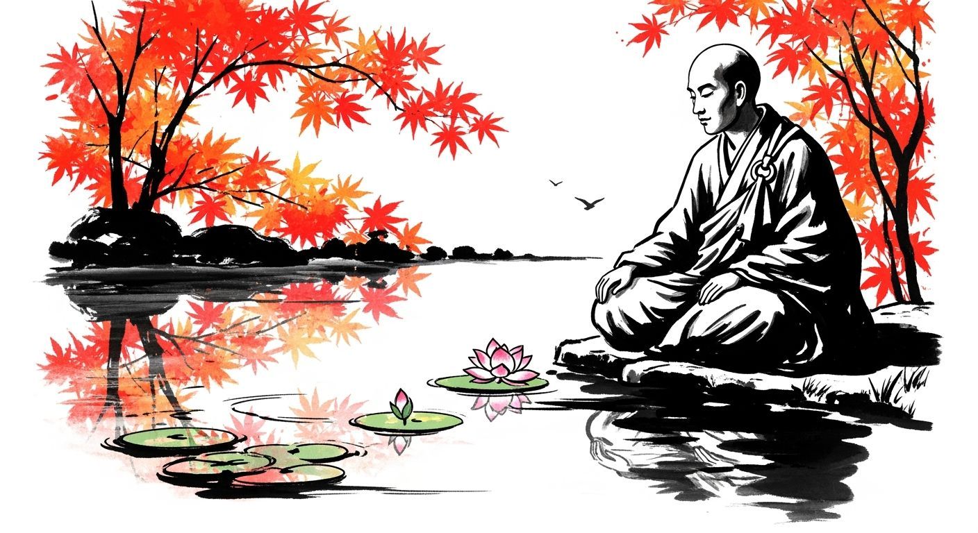 A colorful sumi-e style drawing of a zen monk sitting by a p...