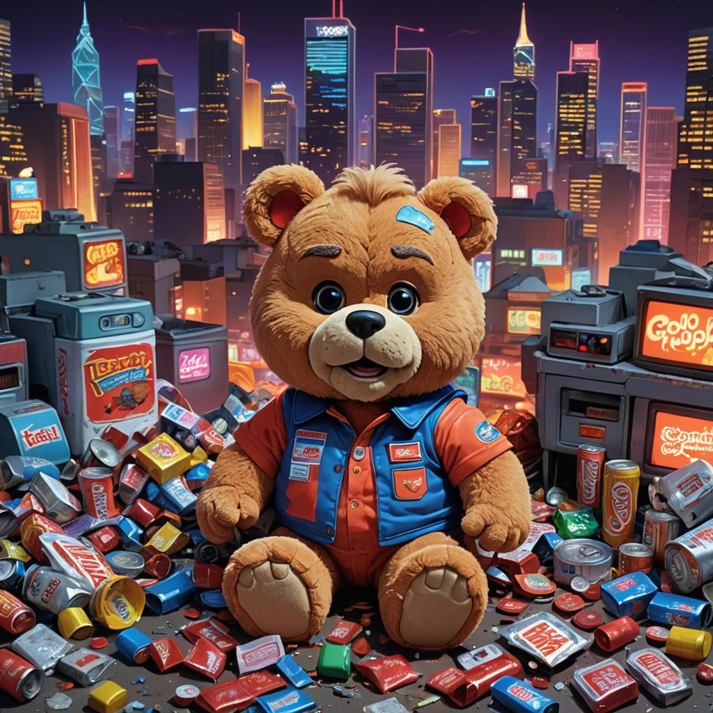 Teddy Ruxpin's Retro Hangover in Neon Cityscape