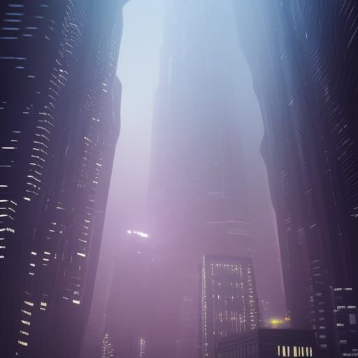 Futuristic Neon Skyscrapers in Fog: Digital Matte Painting