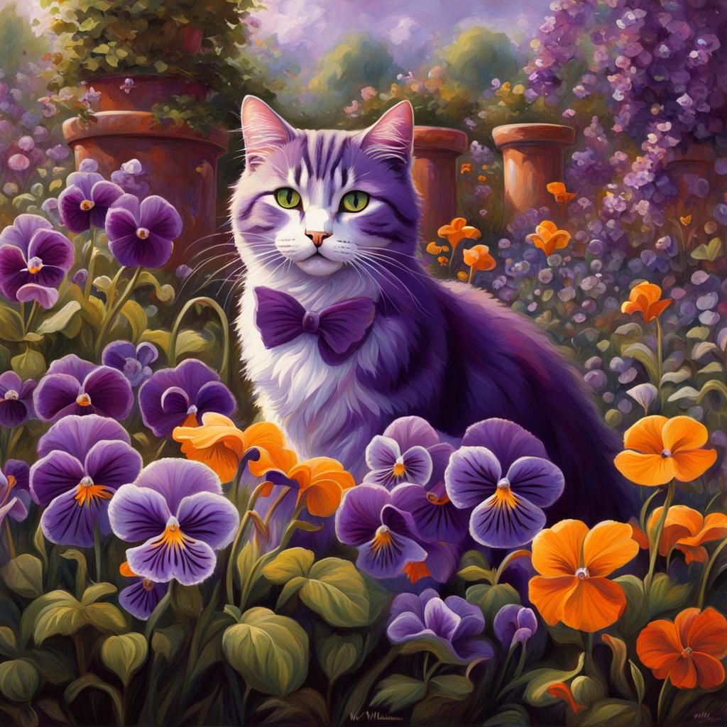 Magical Marmalade Cat in Purple Viola Garden