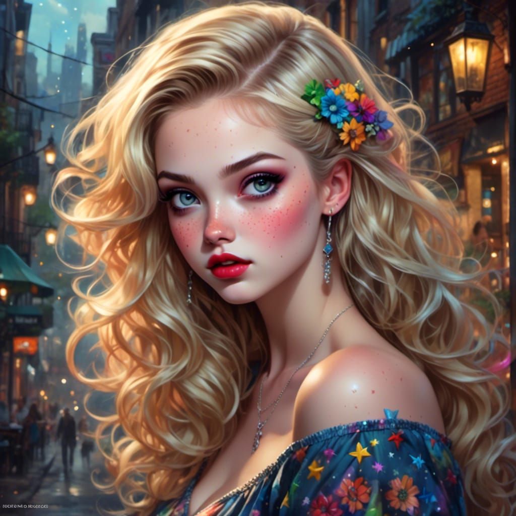 Freckled Beauty in Rainbow Dress, Fairy City