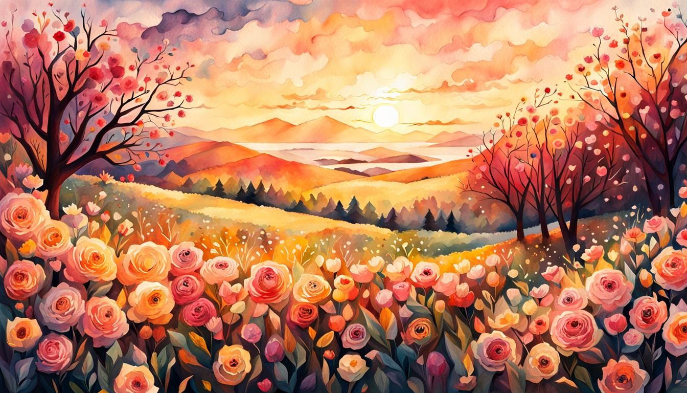Golden Hour Meadow in Digital Watercolor Style