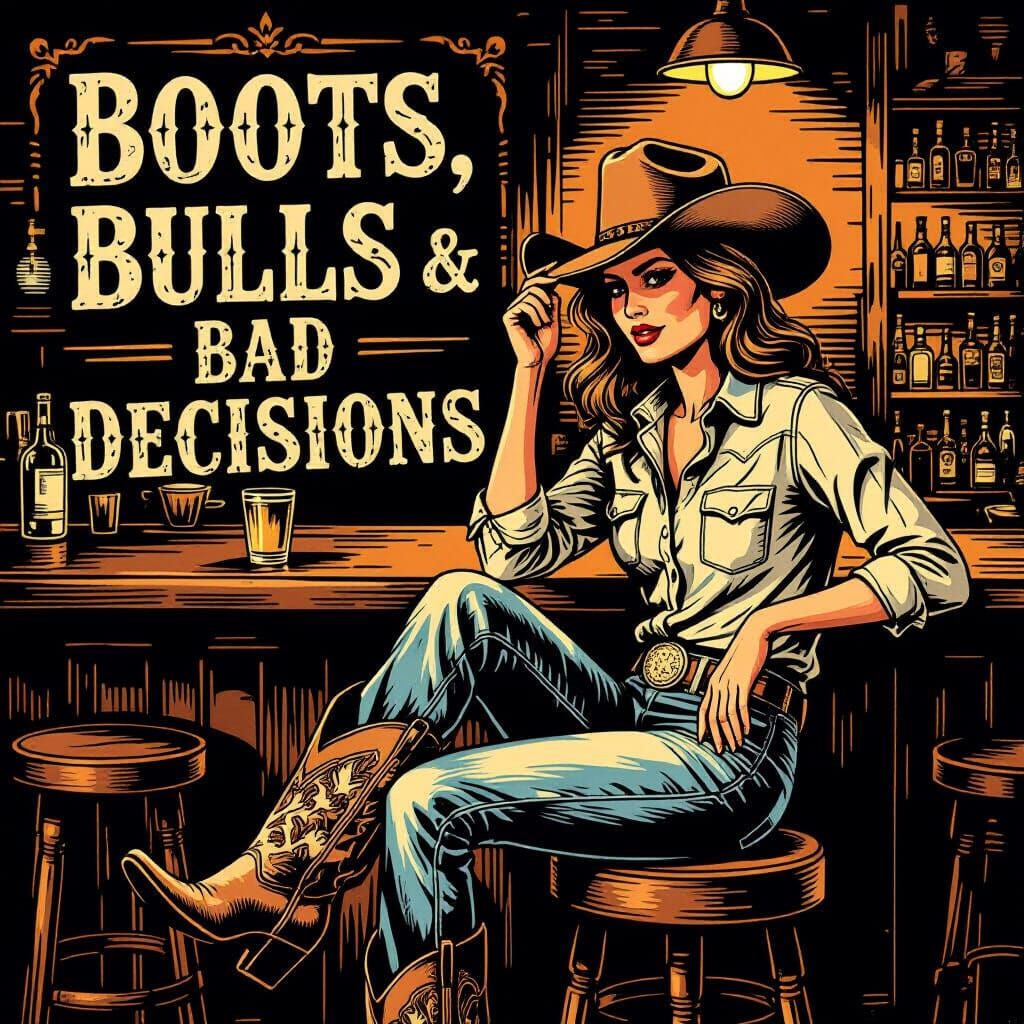 Cowgirl Bar Scene Linework Illustration