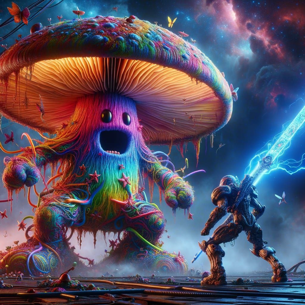 Epic Sci-Fi Mushroom Warrior Unleashes Energy Sword