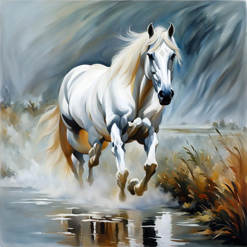 White Horse in Fog, Gouache Style Painting