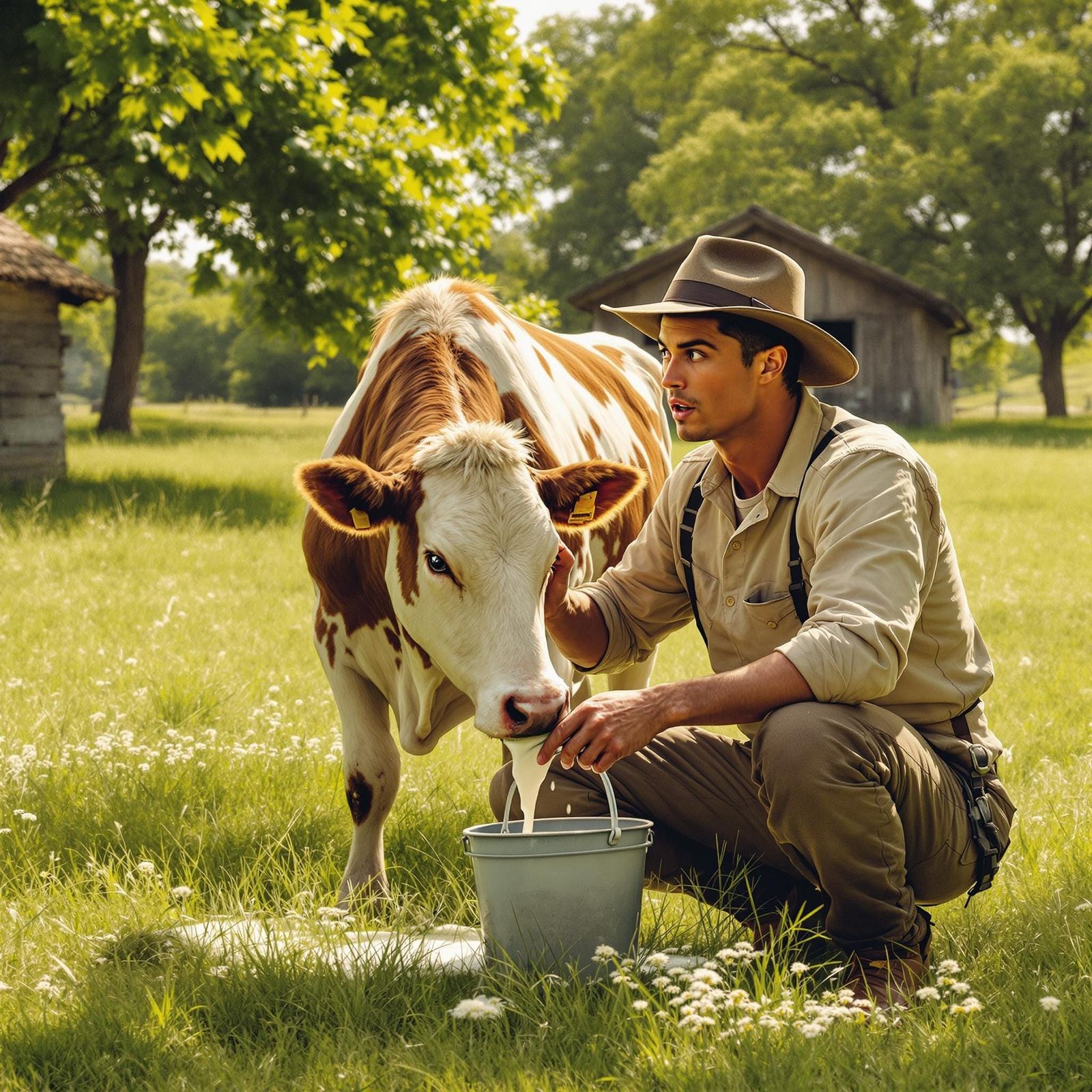 Serene Countryside Idyll with Cristiano Ronaldo Milking a Co...