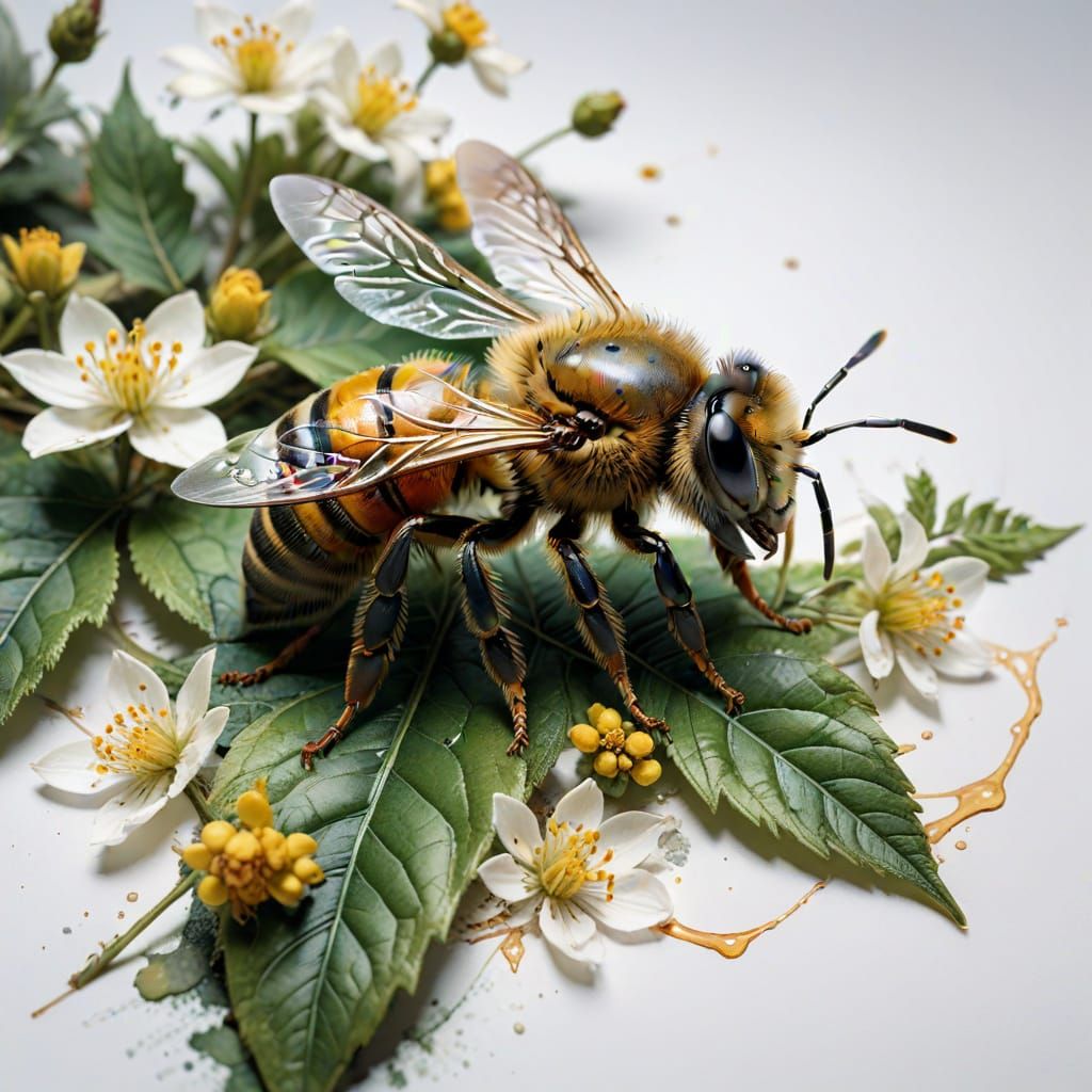 Honey Bee, river, leaves, flowers, watercolor, white background. Elegance, vibrancy of watercolor wash, highly det...