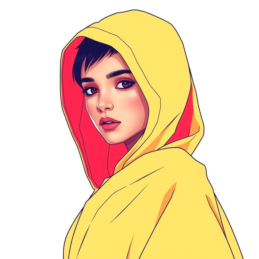 Vibrant Hooded Woman in Minimalist Digital Art