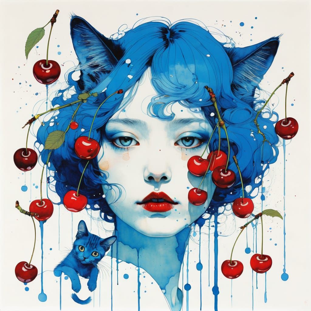 Surreal Blue Cherries and Cats with Artistic Flair