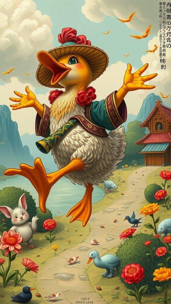 Whimsical Duckling Leaps in Ornate Metalwork Landscape